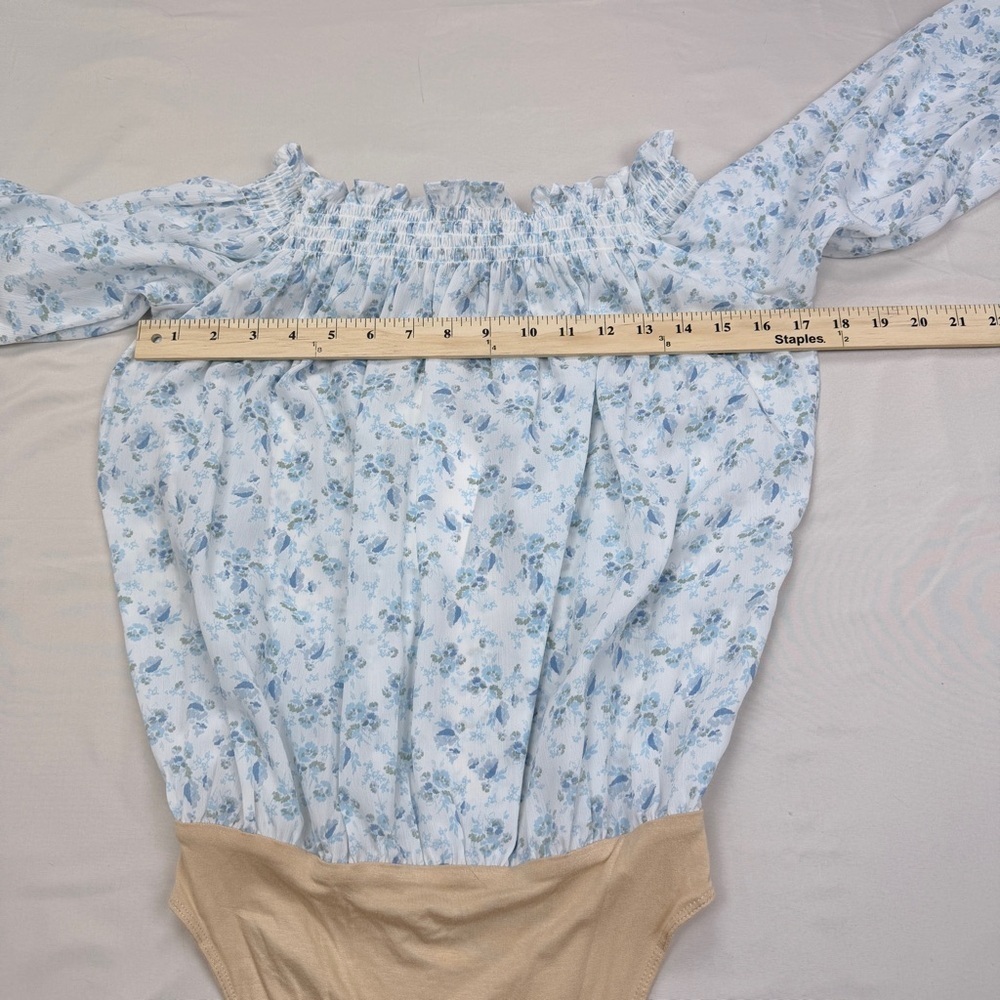Wayf Blue and White off shoulder Top w/bodysuit - Picture 4 of 9